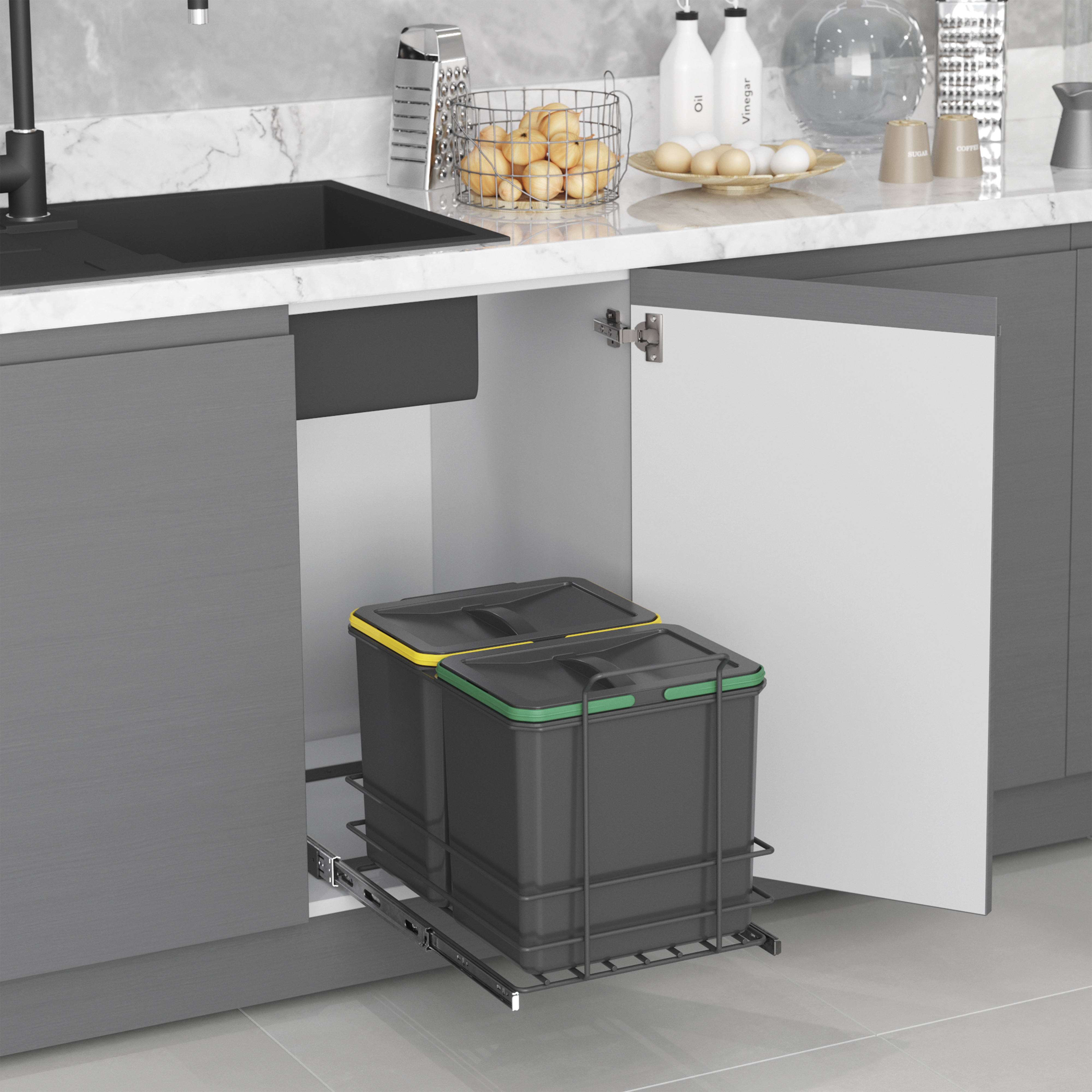 Contenedor de reciclaje para fijación inferior y extracción manual en mueble  de cocina 1 x16litros y tapa automática, Plástico, Gris